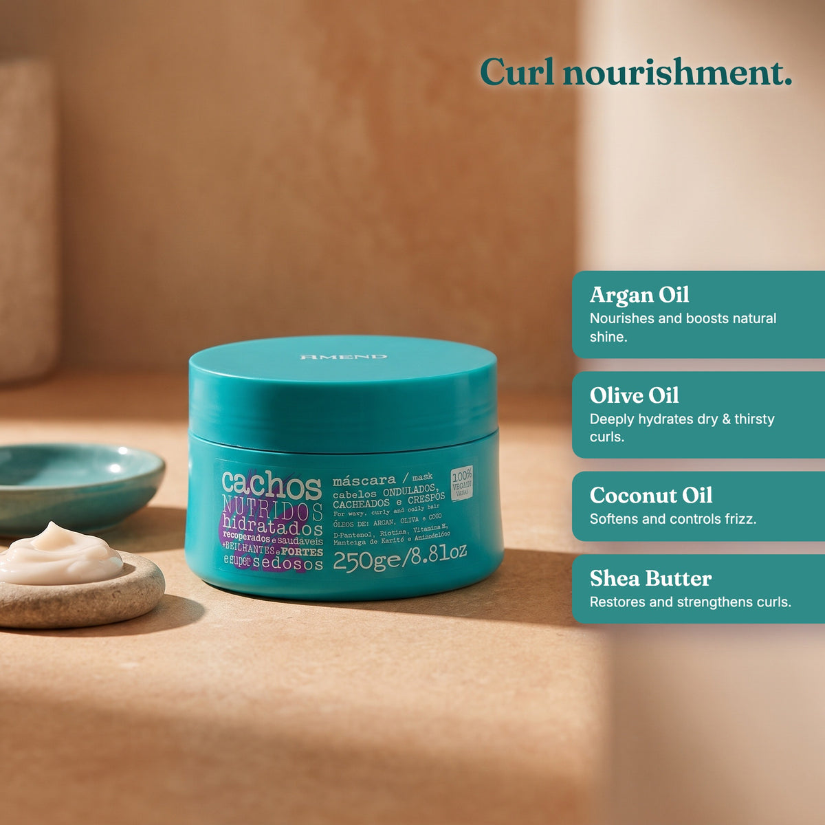 AMEND Cachos Hydrated Curls Mask key ingredients: Argan Oil, Olive Oil and Coconut Oil