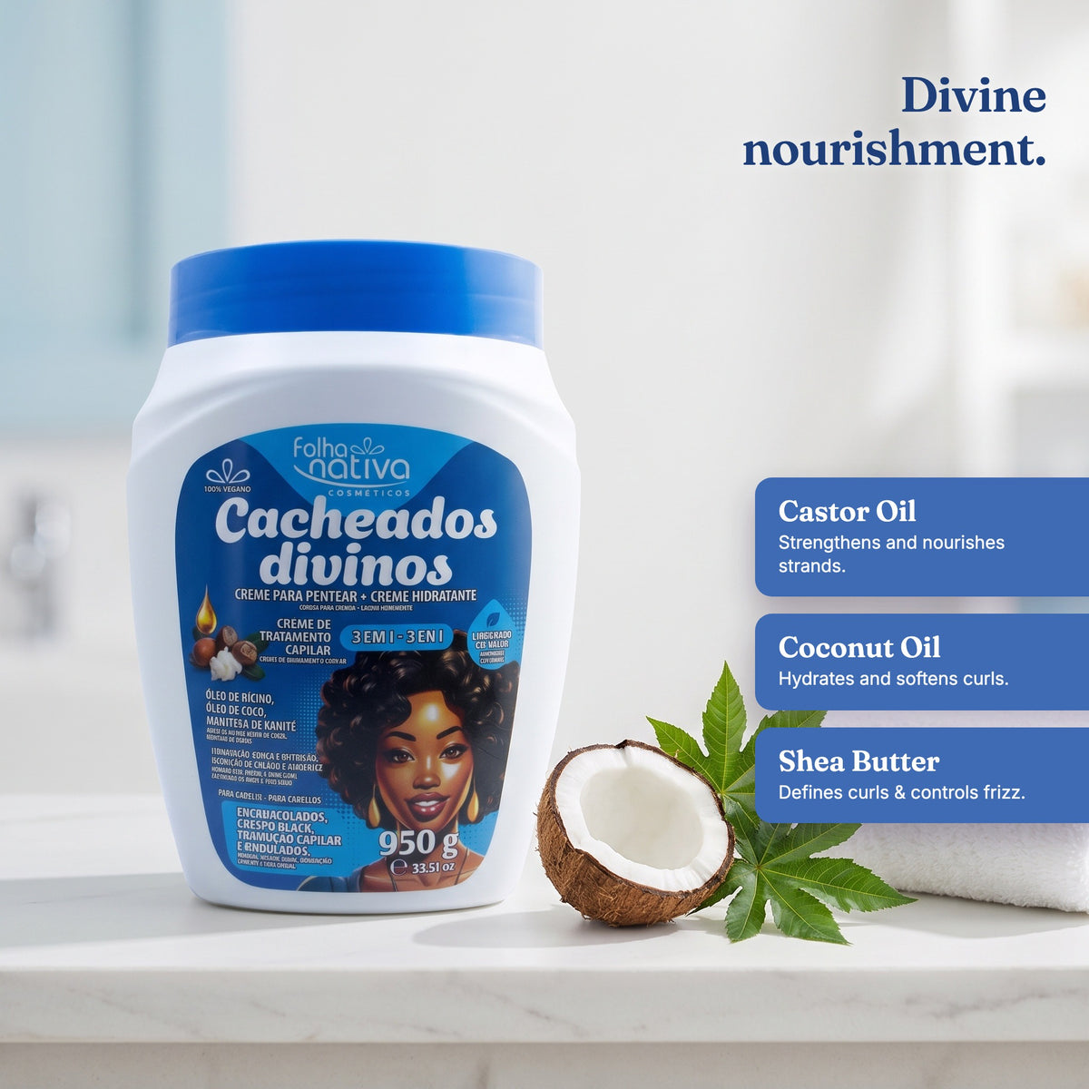 Folha Nativa Cacheados Divinos 3-in-1 key ingredients: Castor Oil, Coconut Oil and Shea Butter