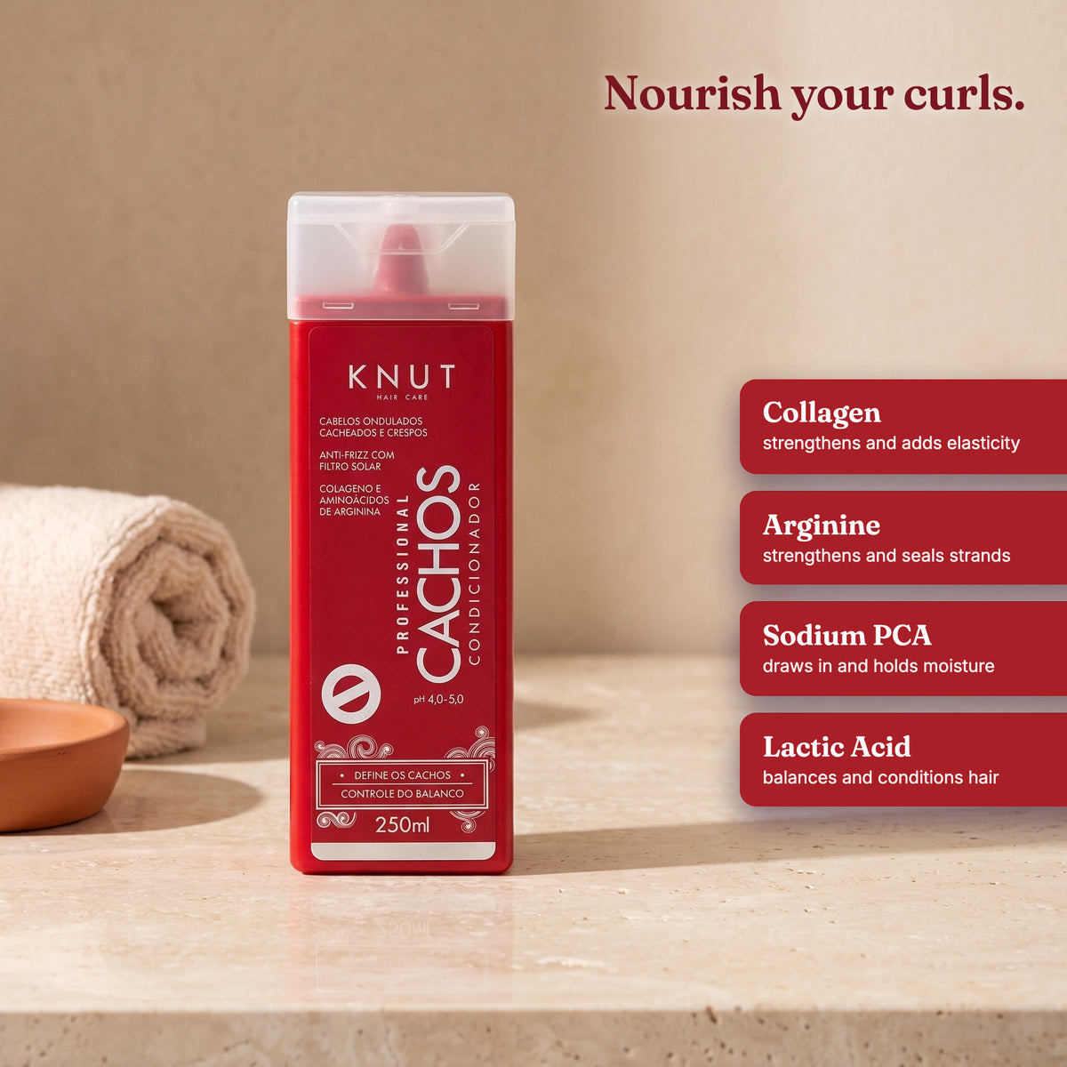 KNUT Cachos Conditioner key ingredients: Collagen, Arginine and Sodium PCA