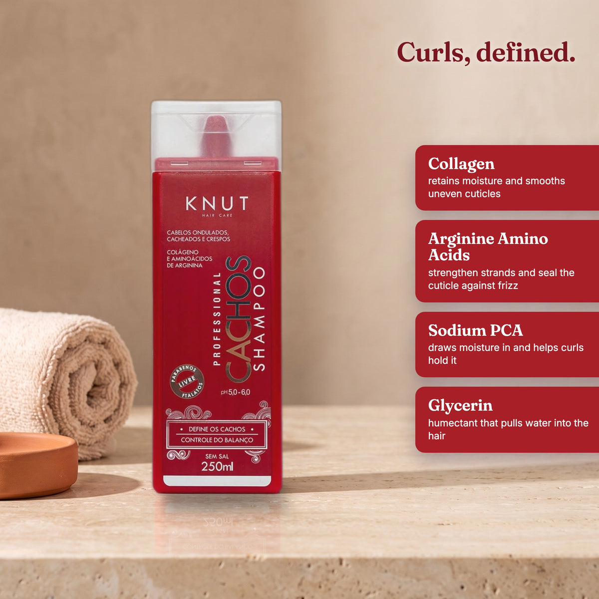 KNUT Cachos Shampoo key ingredients: Collagen, Arginine Amino Acids and Sodium PCA