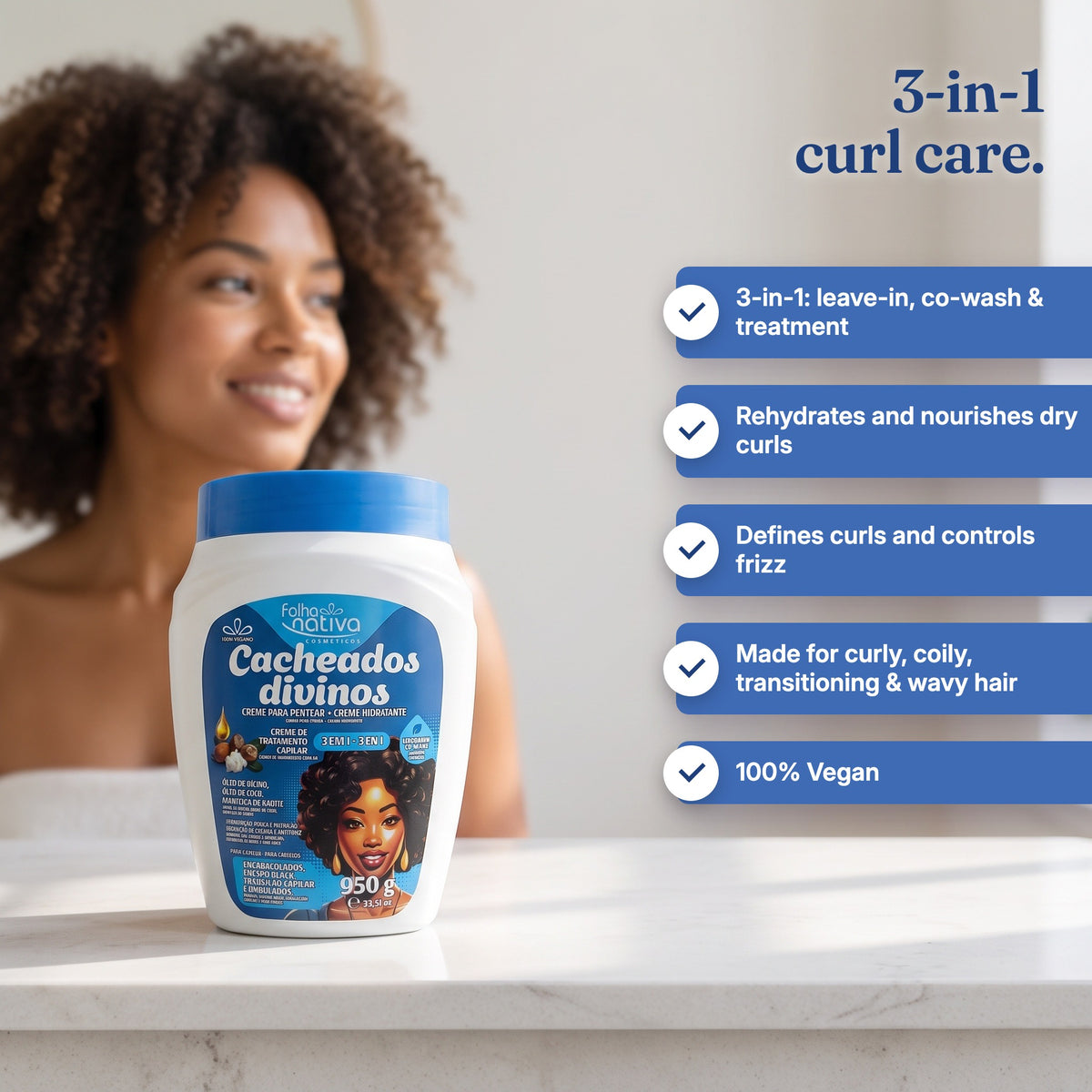 Folha Nativa Cacheados Divinos 3-in-1 benefits: 3-in-1: leave-in, co-wash & treatment and rehydrates and nourishes dry curls