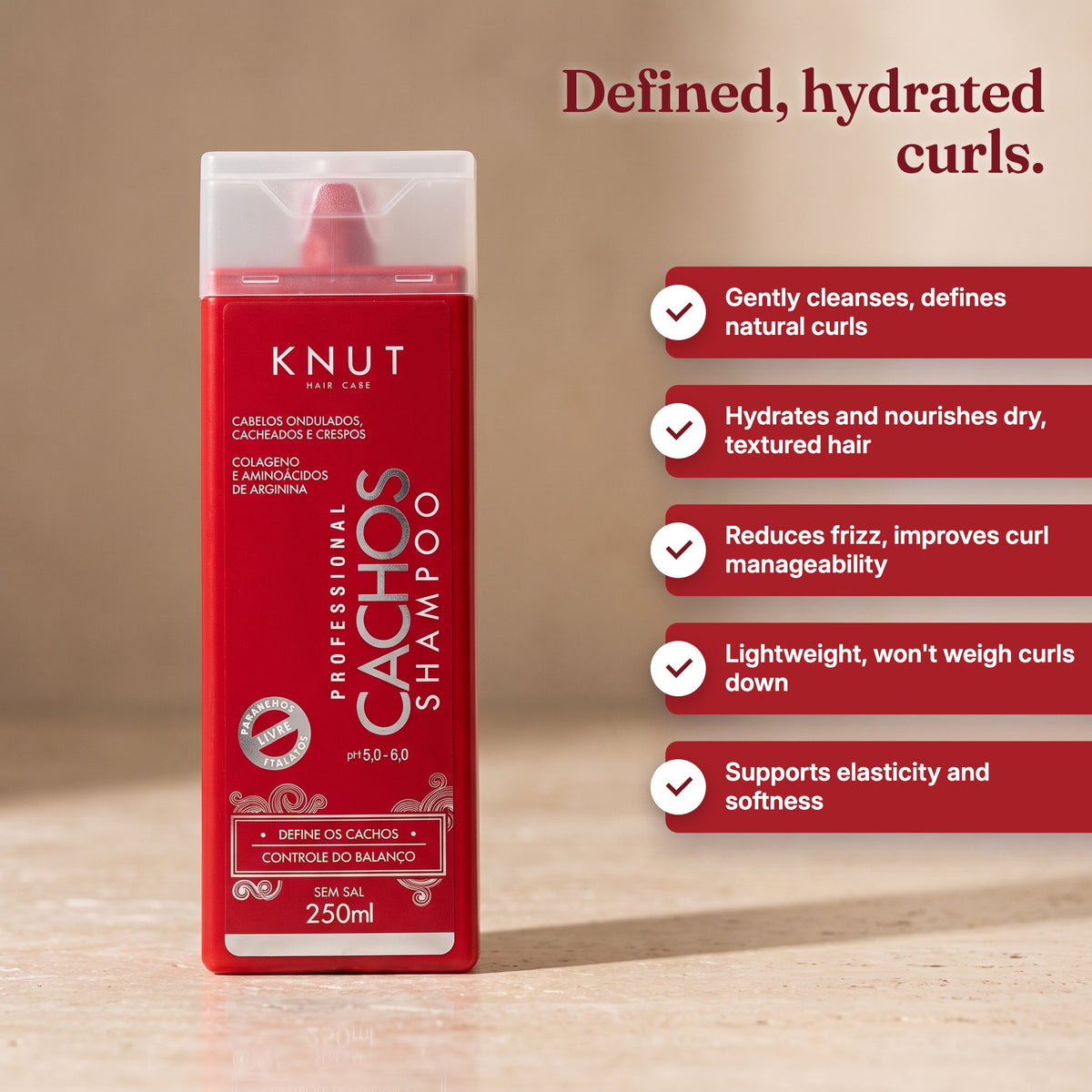 KNUT Cachos Shampoo benefits: gently cleanses, defines natural curls and hydrates and nourishes dry, textured hair
