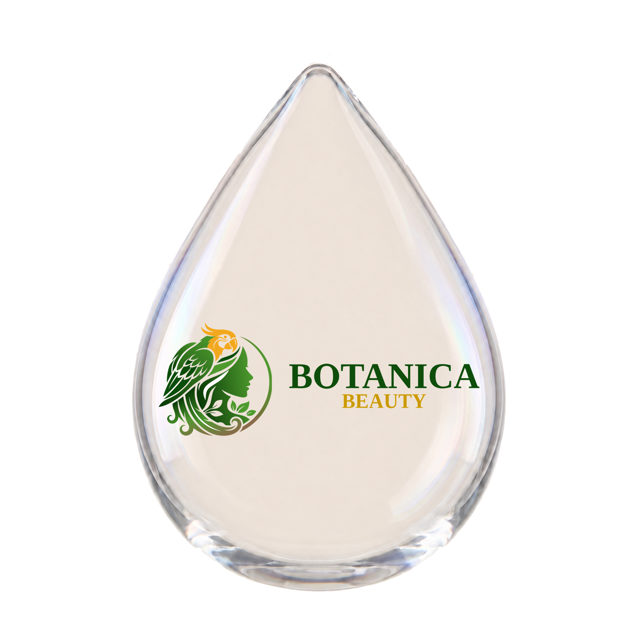 Botanica Beauty logo suspended inside a clear water droplet
